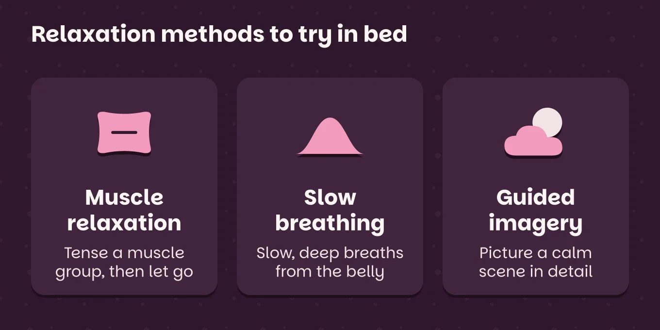Comparison chart "Relaxation methods to try in bed": Muscle relaxation, tense a muscle group, then let go; Slow breathing, slow, deep breaths from the belly; Guided imagery, picture a calm scene in detail.